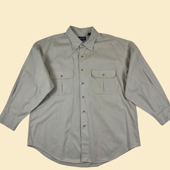 1990s Lands End XL shirt, vintage mens beige long sleeve button down top - Picture 4 of 10